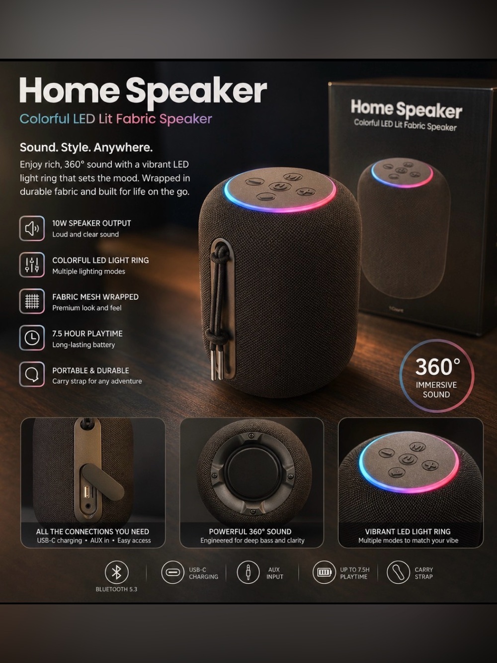 Home Speaker Colorful LED Fabric Speaker - Black